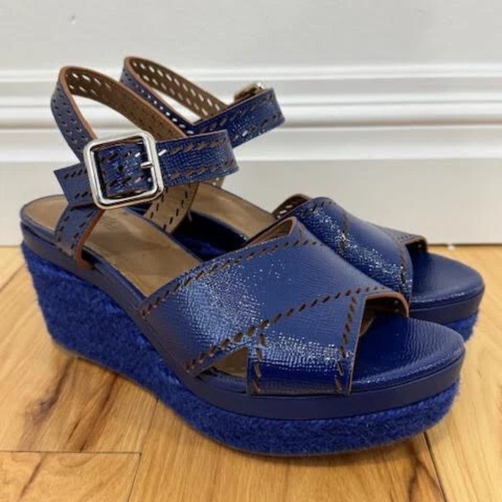 Hermes Navy Blue Wedge Sandals 38